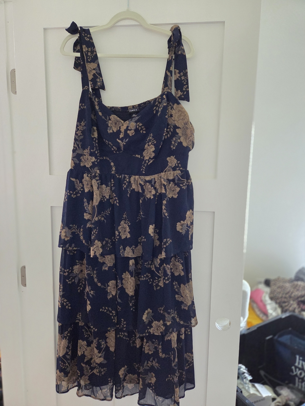 torrid Navy and Beige Floral Tiered Tie-Shoulder Dress